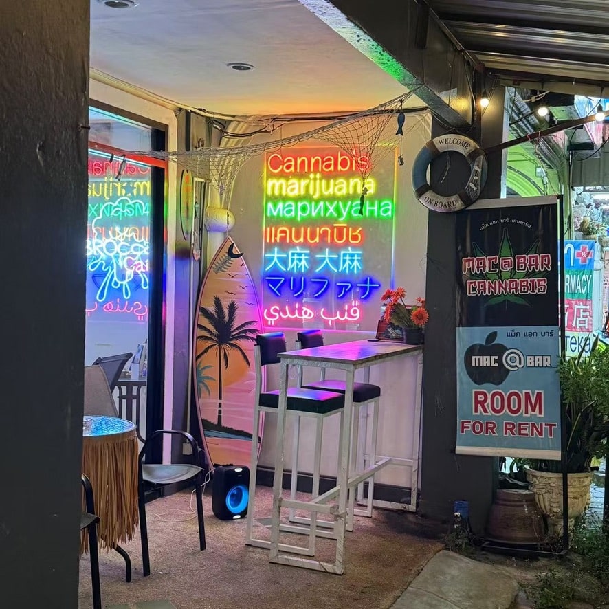 多种语言的霓虹灯招牌照亮一间临街大麻店铺